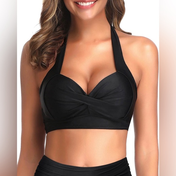 Tempt Me Black Retro Halter Push Up Bikini Top - Picture 2 of 7